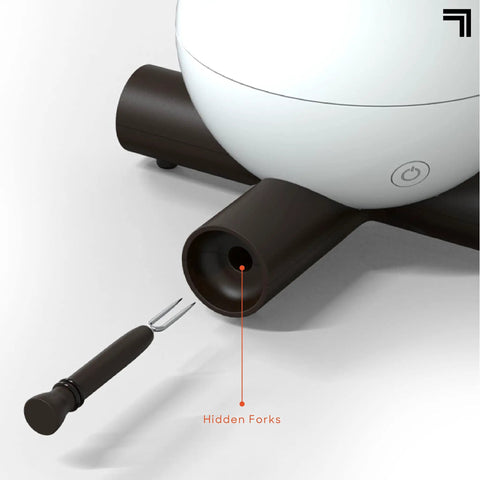Flameless Electric Marshmallow S'mores Maker with hidden fork storage, power button, indoor safe roaster for kids