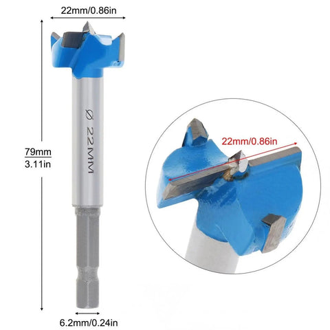 Pro Grade 22mm Forstner Drill Bit Set Tough As Nails Solid Bore Hole Saw close-up showing carbide tip and dimensions.