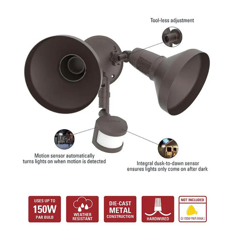 180 Degree Motion Activated Outdoor Security Flood Light With Bronze Lamp Cover, Built Tough Weatherproof Metal Fixture