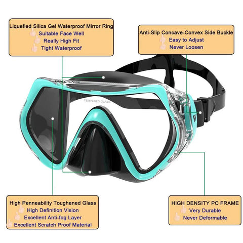 All In One Snorkeling And Scuba Set With Anti Fog Glass Purge Valve And Anti Splash Silicone Mouthpiece in malachite green