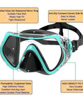All In One Snorkeling Set For Adults And Teens With Anti Fog Mask Lenses Purge Valve Anti Splash Silicone Mouthpiece Dry Snorkel Gear Adjustable Head Straps Malachite Green showing tempered glass mask with black and green frame
