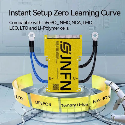 Rock Solid Smart BMS For 21S To 30S Battery Packs With Hella Dependable 220A Current Flow And 150V High Voltage Build And Bluetooth UART Control For LiFePO4 Lithium LTO Energy Storage, yellow BMS unit with wires.