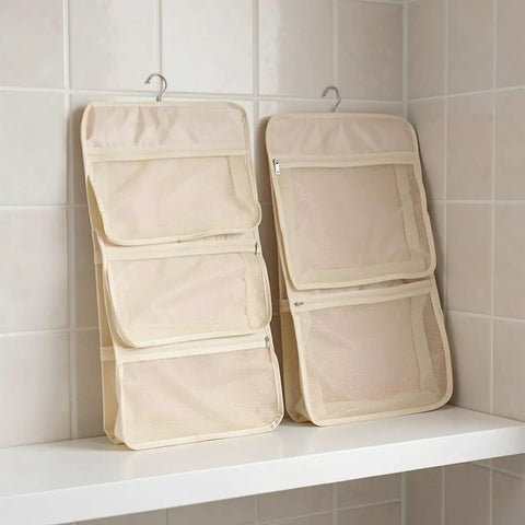 Game Changer 2 Pack Mesh Hanging Closet Storage Organizers Beige Foldable with pockets for bras and socks on a shelf.