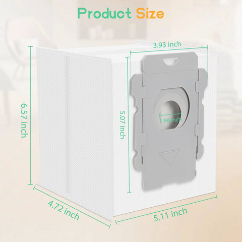 Roomba replacement vacuum bag, white with gray mounting bracket, shown with dimension lines