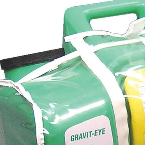 Close-up of clear vinyl replacement dust cover for 16 gallon gravity flow portable eyewash station protects from dirt and debris.