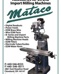 Mataco ad for replacement parts and accessories for US and import milling machines with contact details