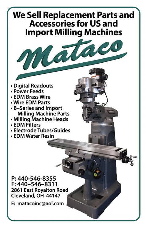 Mataco ad for replacement parts and accessories for US and import milling machines with contact details