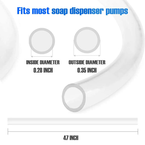 Diagram showing 47-inch silicone hose for Under Counter Kitchen Sink Soap Dispenser Extension Tube Kit with diameter measurements.