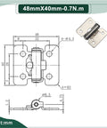 Front view schematic of stainless steel positionable door hinge, 48x40 mm, 0.7 N·m torque; 1 piece.