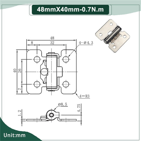 Front view schematic of stainless steel positionable door hinge, 48x40 mm, 0.7 N·m torque; 1 piece.
