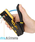Hand using All In One Pass Through RJ45 Crimp Tool Kit for Ethernet Cabling Cat5 Cat5e Cat6 With 50 RJ45 Connectors Pliers