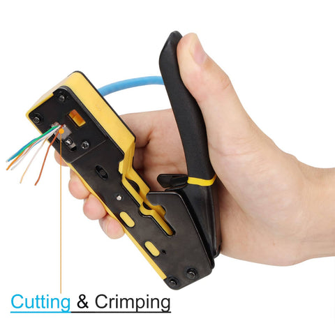 Hand using All In One Pass Through RJ45 Crimp Tool Kit for Ethernet Cabling Cat5 Cat5e Cat6 With 50 RJ45 Connectors Pliers