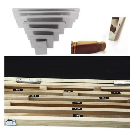 High Performance Metric Gage Blocks Set Crafted From Heavy Duty Stainless Steel Delivering Dead Accurate Calibration For Router Work And Table Saw Setup Features Eight Precision Pieces Spanning 125 MM To 500 MM in wooden case.