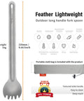 Ultra Lightweight Titanium Long Handle Spork And Spoon Set For Outdoor Camping And Backpacking, shown with features and bag