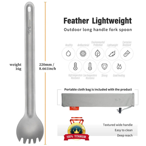 Ultra Lightweight Titanium Long Handle Spork And Spoon Set For Outdoor Camping And Backpacking, shown with features and bag