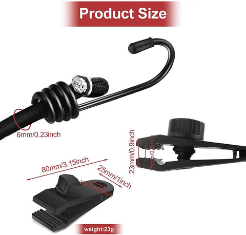 Five Pack 12 Inch Bungee Cords With Hooks And Tarp Clips, elastic strap and clip dimensions shown, made for safe transport and storage.