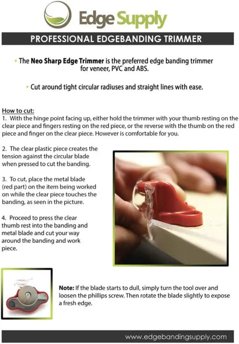 Instructions for Single Side Edge Banding Trimmer for wood edgebanding use with images on technique and blade maintenance.