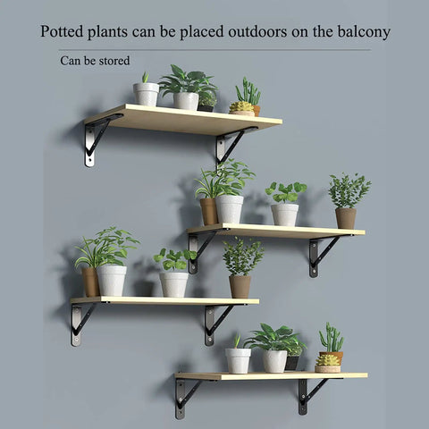 Badass Heavy Duty Shelf Brackets Wall Mount 90 Degree Corner Bracket Pair holding potted plants on wooden shelves.