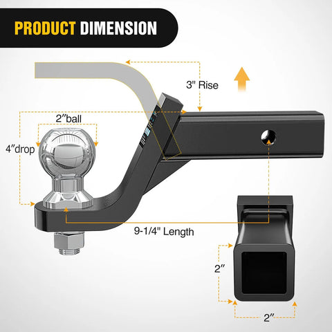 Heavy Duty Trailer Hitch Ball Mount With 2 Inch Ball And 5/8 Inch Hitch Pin Clip For 2 Inch Receiver, 7500 Lb Gross Towing, 750 Lb Tongue Weight, 4 Inch Drop dimensions