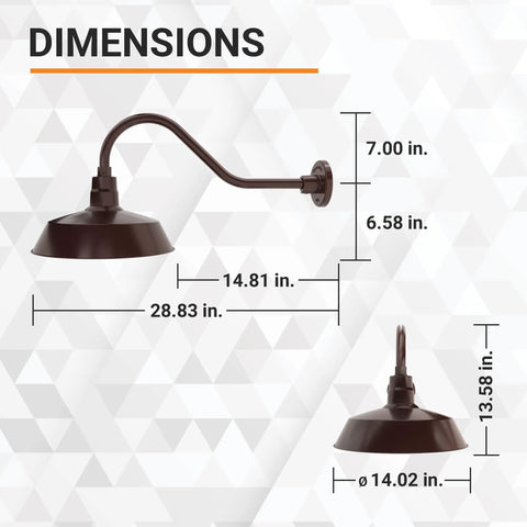 Dimensions of Outdoor Gooseneck Barn Light Fixture With Satin Black Finish, 14 Inch Shade And 22 Inch Extension Arm shown