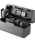 All Day Wireless Lavalier Mic System With 2 TX 1 RX And Charging Case For iPhone Camera And Android in gray case