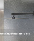 16 Inch Matte Black Stainless Steel Shower Arm Extension With Flange And Teflon Tape installed on wall