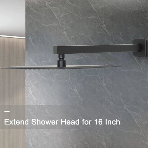 16 Inch Matte Black Stainless Steel Shower Arm Extension With Flange And Teflon Tape installed on wall