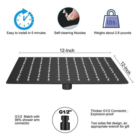 Diagram of 12 Inch Matte Black Rain Shower Head With 11 Inch Adjustable Extension Arm Large Stainless Steel High Flow Square Rainfall Shower dimensions