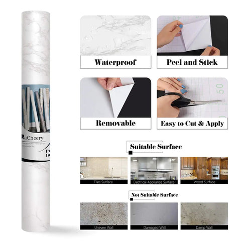 Easy DIY Ultra Thick Grey White Marble Peel And Stick Wallpaper 160 X 36 Inch showing waterproof, peel and stick, removable features.