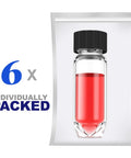 Vials: 6x sterile borosilicate glass vials with black 9-425 caps, 4 mL capacity, red liquid, individually packed
