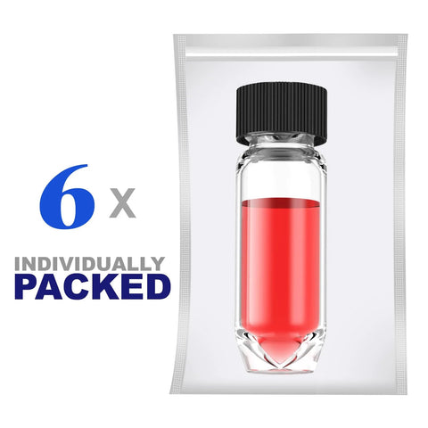 Vials: 6x sterile borosilicate glass vials with black 9-425 caps, 4 mL capacity, red liquid, individually packed