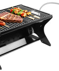 Portable Camping Grill Foldable Charcoal And Gas BBQ With Carry Bag grilling steak and skewers on stainless steel grate