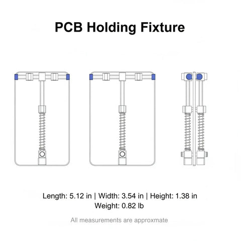 Diagram of Versatile PCB Soldering Clamp For 3mm To 8mm Boards Gold Finish Stainless Steel Bench Fixture dimensions and features.