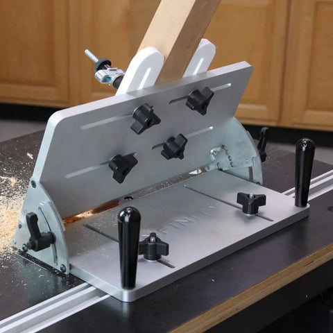 Vertical Router Sled Pro Grade Joinery Jig for Mortises Tenons Grooves and Dados on workbench with adjustable features