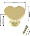 Heart Shaped Single Hole Door Knob Set, 4 Pack, Zinc Alloy Cabinet Pulls With Key Hooks, 34mm Gold Finish, shown with dimensions