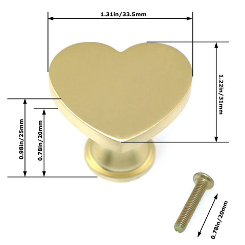Heart Shaped Single Hole Door Knob Set, 4 Pack, Zinc Alloy Cabinet Pulls With Key Hooks, 34mm Gold Finish, shown with dimensions