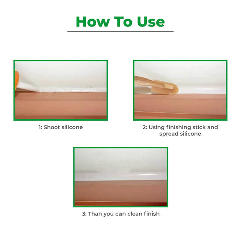 Steps showing how to use Grout Caulk Finishing Tool Set With Assorted 4 Size Spreads For Smooth Sealant Application Silicone Caulking Tool