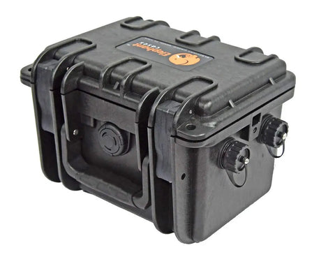 Knockout Waterproof Kayak Battery Box For Securely Housing 12V And Ah Batteries With Slick IP68 Rated Dual Two Pin Connectors.