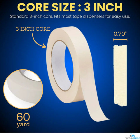 Beige Painter Tape For Crisp Lines And Trim, 0.7 Inch By 60 Yards showing 3-inch core size, thin low residue masking tape, pro grade pack.