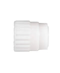 Side view of Half Inch Flair It Female End Cap for PEX and gray tubing, leak resistant, no crimp RV plumbing fitting, durable build.