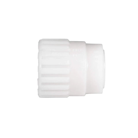 Side view of Half Inch Flair It Female End Cap for PEX and gray tubing, leak resistant, no crimp RV plumbing fitting, durable build.