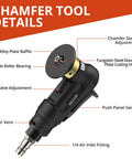 Front view of GETLITOOL pneumatic chamfering tool with black body, gold cutting head, and 1/4 inch air inlet