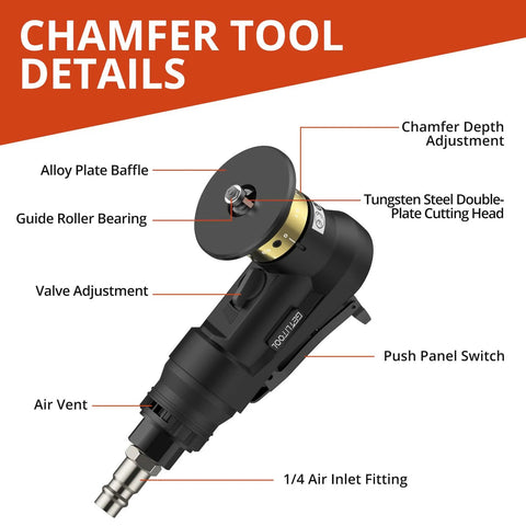 Front view of GETLITOOL pneumatic chamfering tool with black body, gold cutting head, and 1/4 inch air inlet