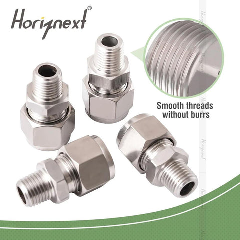 Horiznext 304 stainless steel compression couplers, 1/4 in OD to 1/4 in NPT male, 2 pcs