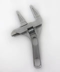No Hassle Adjustable Short Handle Bath Wrench with wide jaw for plumbing jobs, solid aluminum material, compact design.