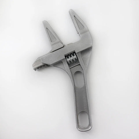 No Hassle Adjustable Short Handle Bath Wrench with wide jaw for plumbing jobs, solid aluminum material, compact design.