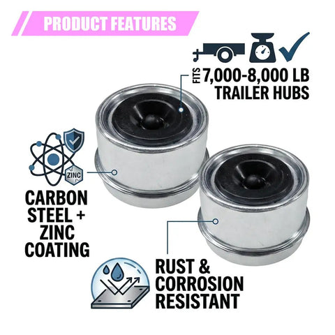 Pair Of 1.98 Inch Trailer Axle Wheel Hub Bearing Dust Caps Forged From Tough Galvanized Steel And Secure Rubber Plugs For Smoother Rides And Long Lasting Reliability On The Road showing product features.