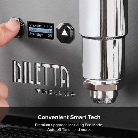 Close-up of Bello+ Espresso Machine control panel with buttons and ECO mode display, part of the espresso and grinder bundle.