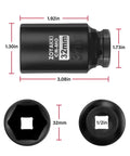 Badass Six Point Metric Impact Socket For Axle Nuts With One Half Inch Drive And Thirty Two Millimeter Deep Design with dimensions.