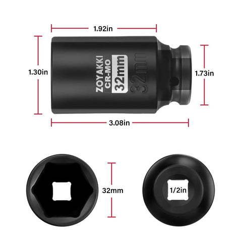 Badass Six Point Metric Impact Socket For Axle Nuts With One Half Inch Drive And Thirty Two Millimeter Deep Design with dimensions.